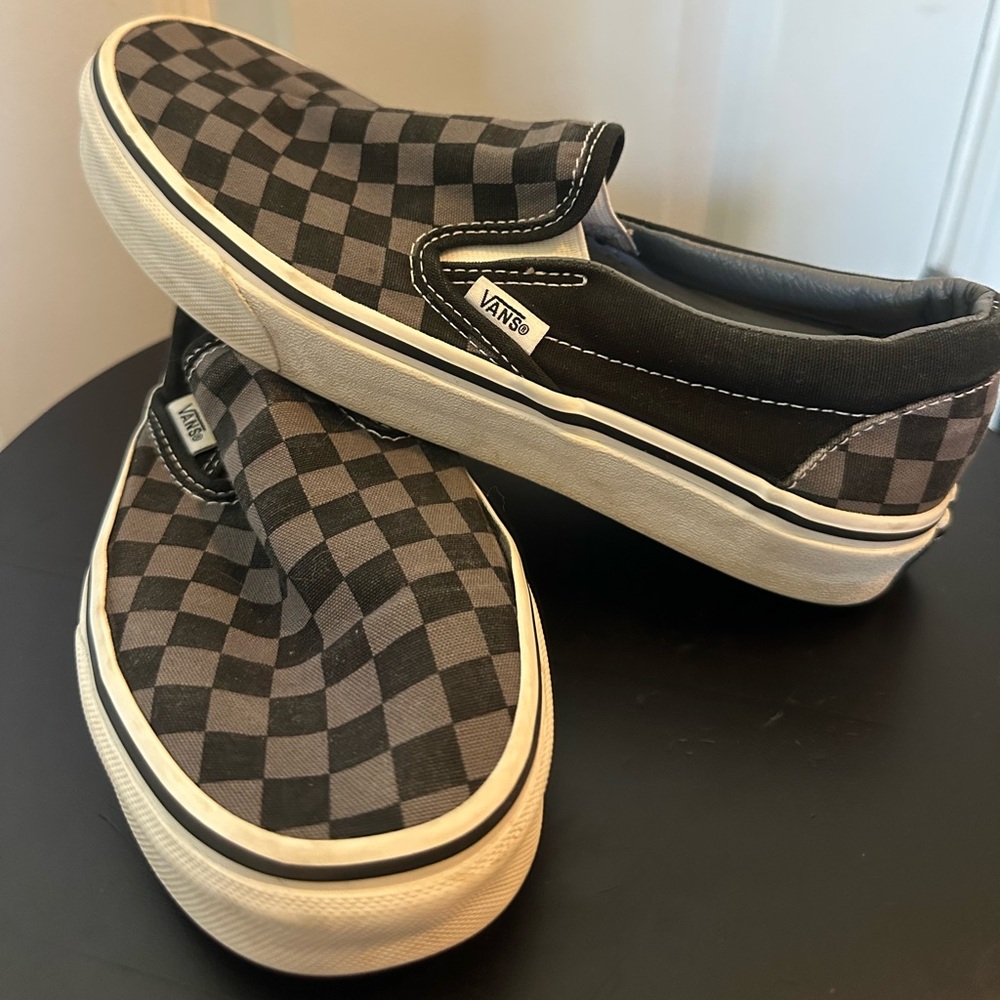 Gray and Black checkered van slip ons